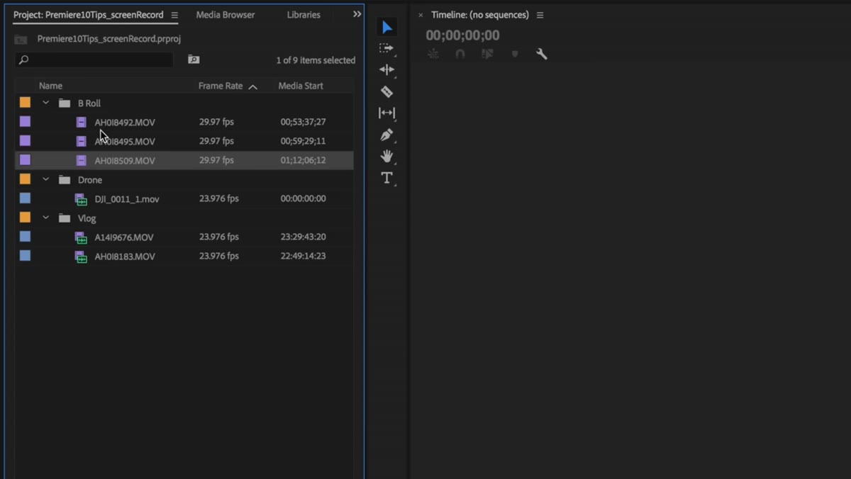 Right-click label menu open on highlighted clips in project window