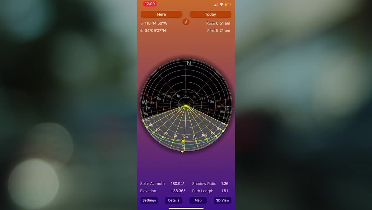 Sun Seeker app showing 3D sun position over landscape