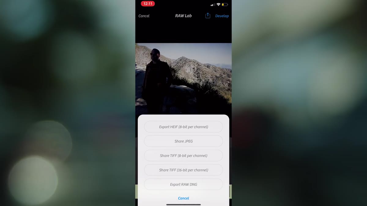 Share button in Camera Plus to export raw DNG file