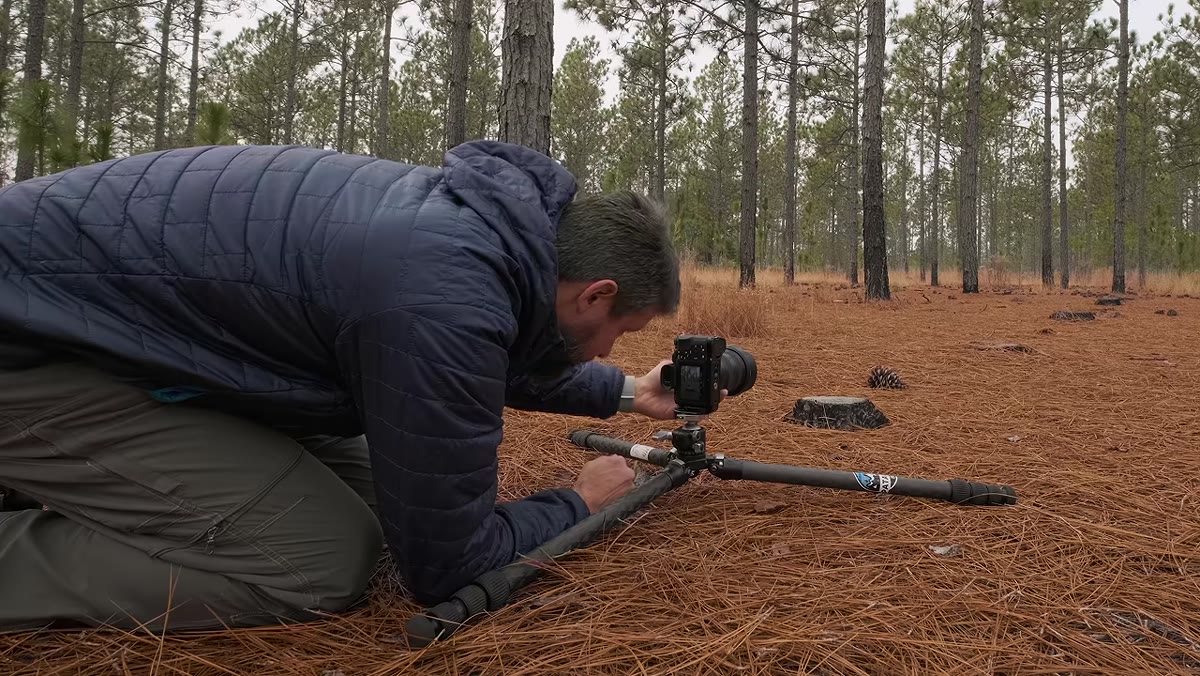 Photographer pausing at tripod, studying scene before pressing shutter