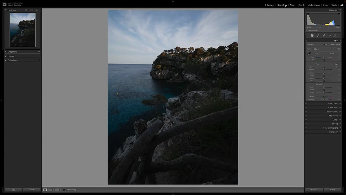 Basic panel open, Exposure slider being adjusted upward
