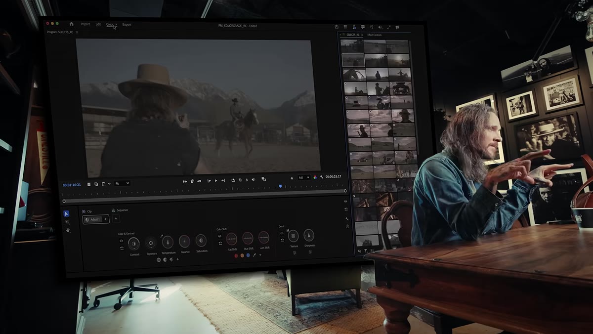Color Mode workspace showing timeline, preview, and clip grid panels