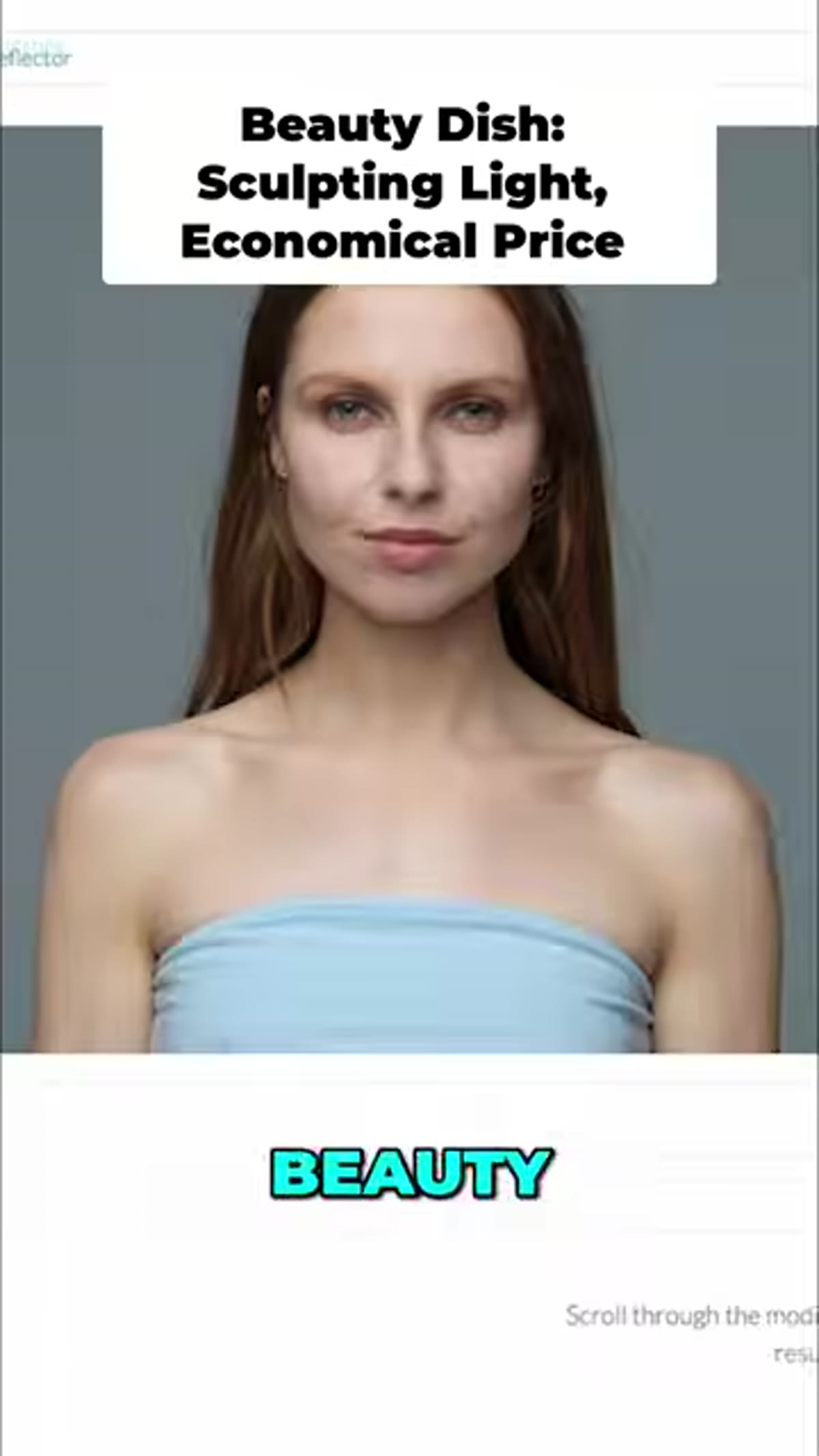 Silver beauty dish mounted on strobe, model in position