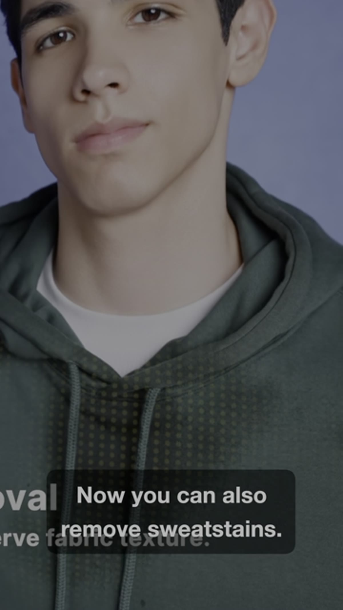 Editing interface highlighting sweat and glare removal on clothing