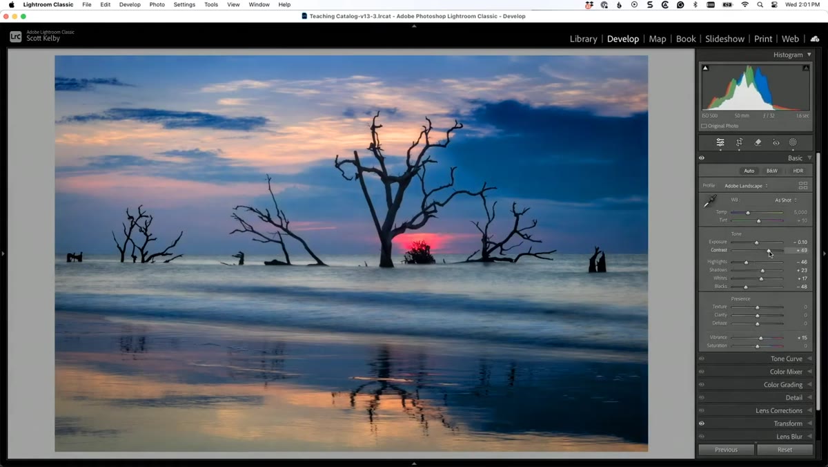 Boosting Contrast, Texture, and Clarity sliders in Basic panel