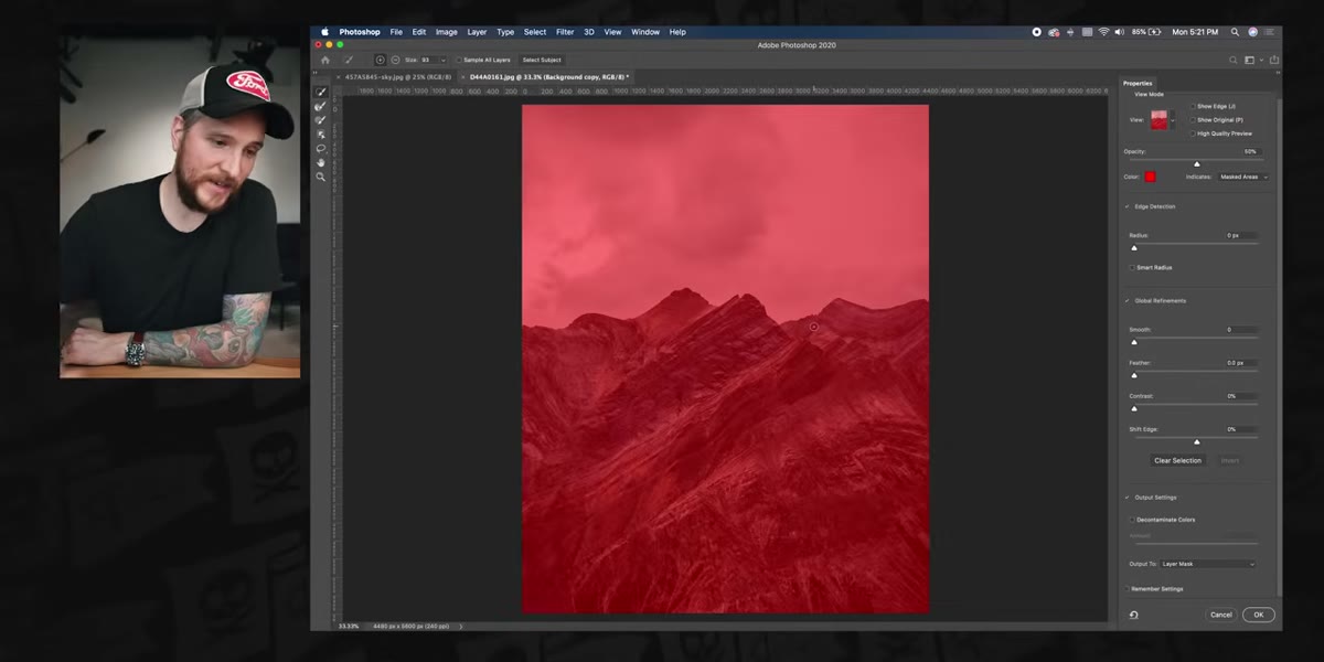 Select and Mask dialog opening with red overlay visible