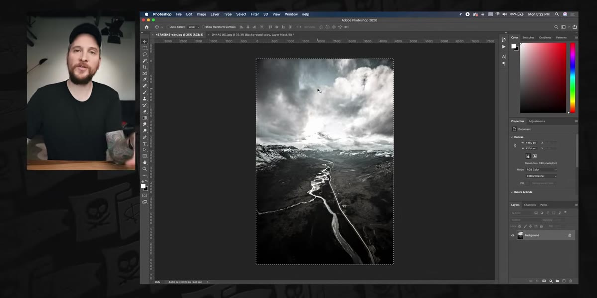 New sky image open in a separate Photoshop tab