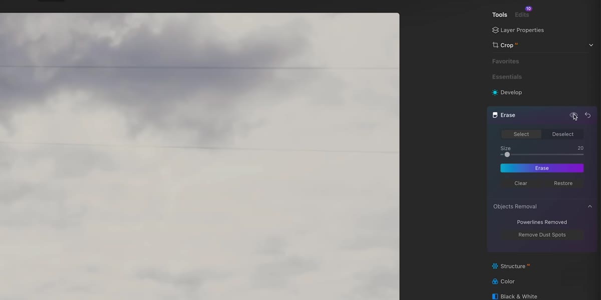 Eyeball toggle icon highlighted in the top toolbar