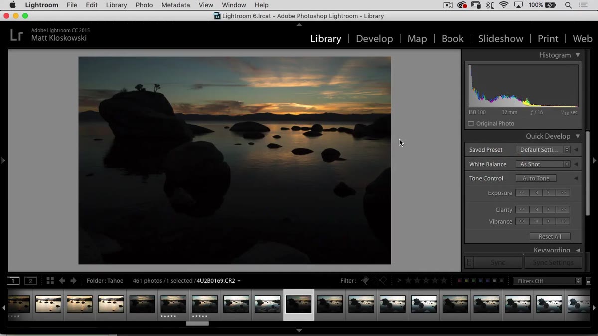 Lightroom filmstrip showing five bracketed exposure images