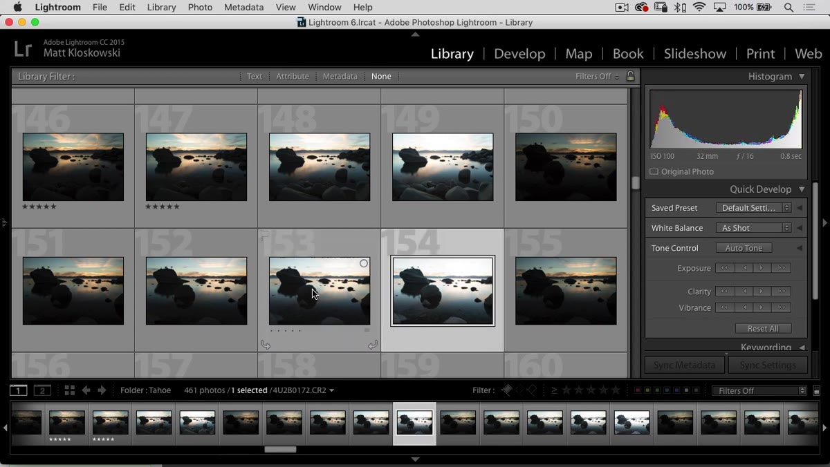 Lightroom filmstrip with five bracketed photos selected