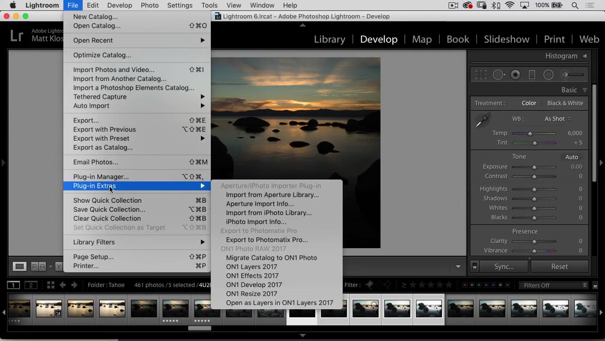 Lightroom File menu open showing Plug-in Extras option
