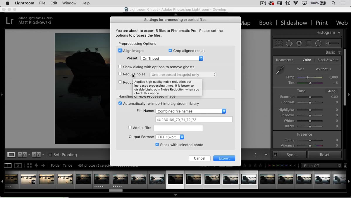 Export dialog showing noise reduction toggle option