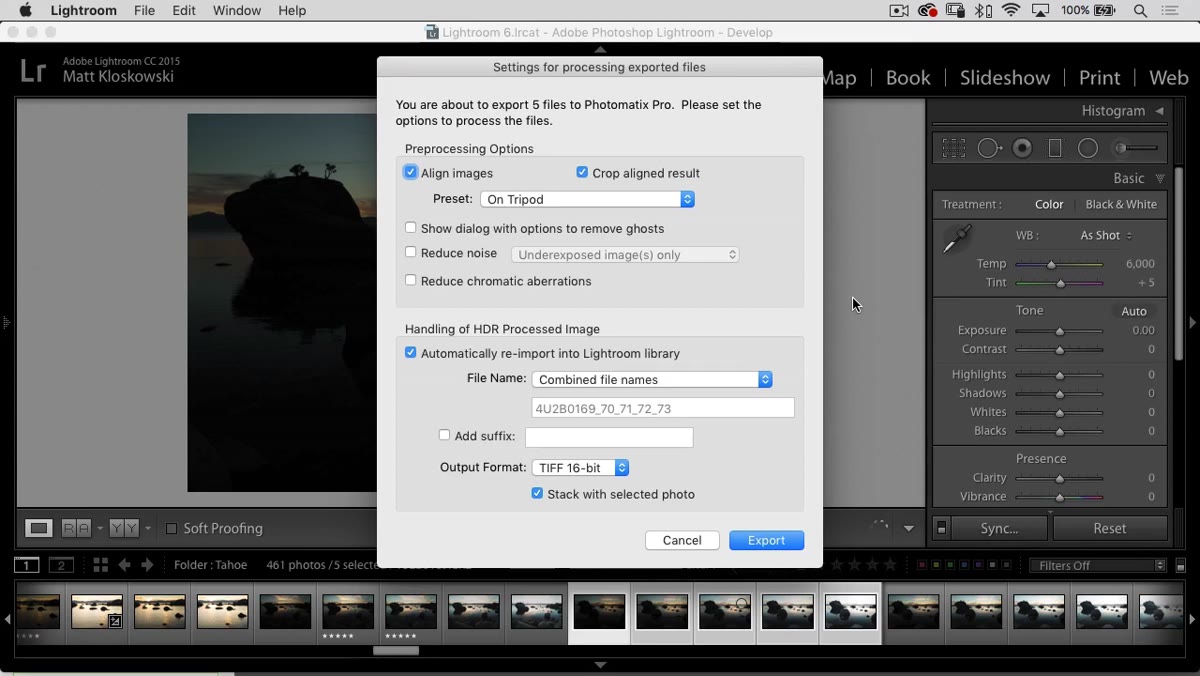 Photomatix processing the bracketed exposures into a merged HDR file