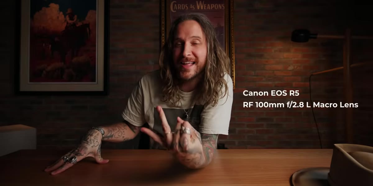 Canon R5, 100mm macro, and 24-70mm lens laid out on table