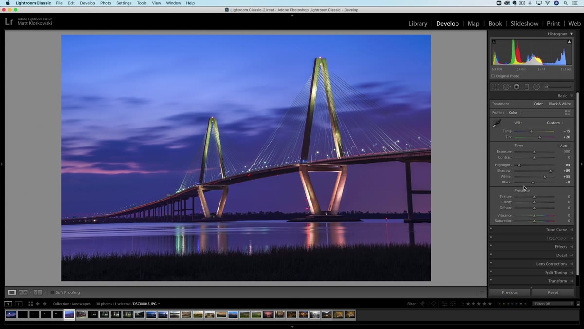 Lightroom crop tool applied to Charleston bridge photo