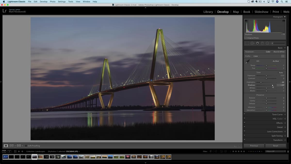 Highlights and shadows sliders being adjusted in Lightroom