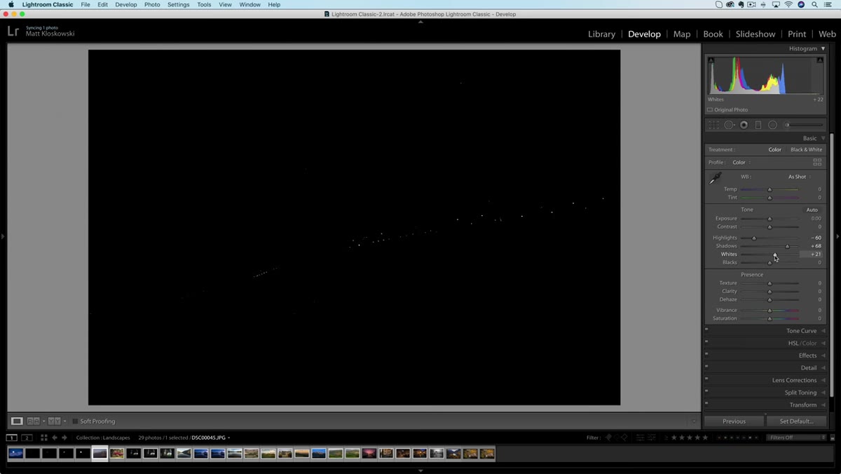 Whites slider adjusted with Alt key showing clipping overlay