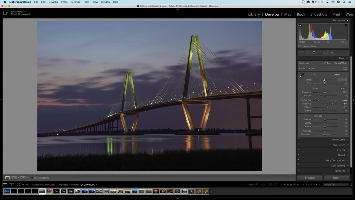 Temperature and tint sliders shifted toward blue and magenta
