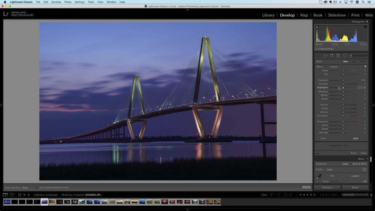 Graduated filter dragged over sky of bridge image