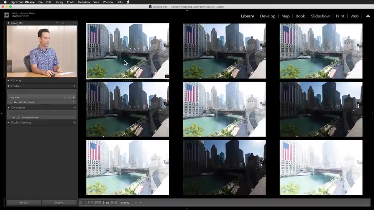Nine bracketed exposures displayed in Lightroom grid view