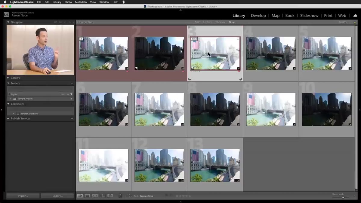 Three HDR results displayed side by side in Lightroom compare view