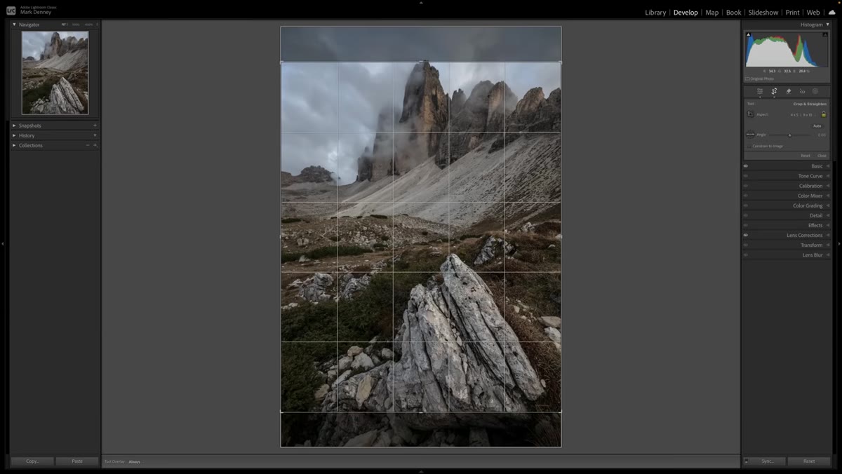 Lightroom crop tool panel open with 4x5 ratio selected