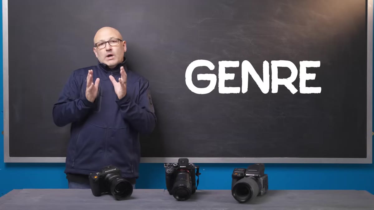 Presenter comparing genre requirements like sports vs. portrait vs. product
