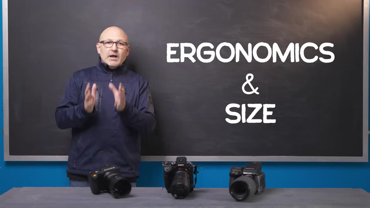Presenter discussing ergonomics, size, and how the camera feels in hand