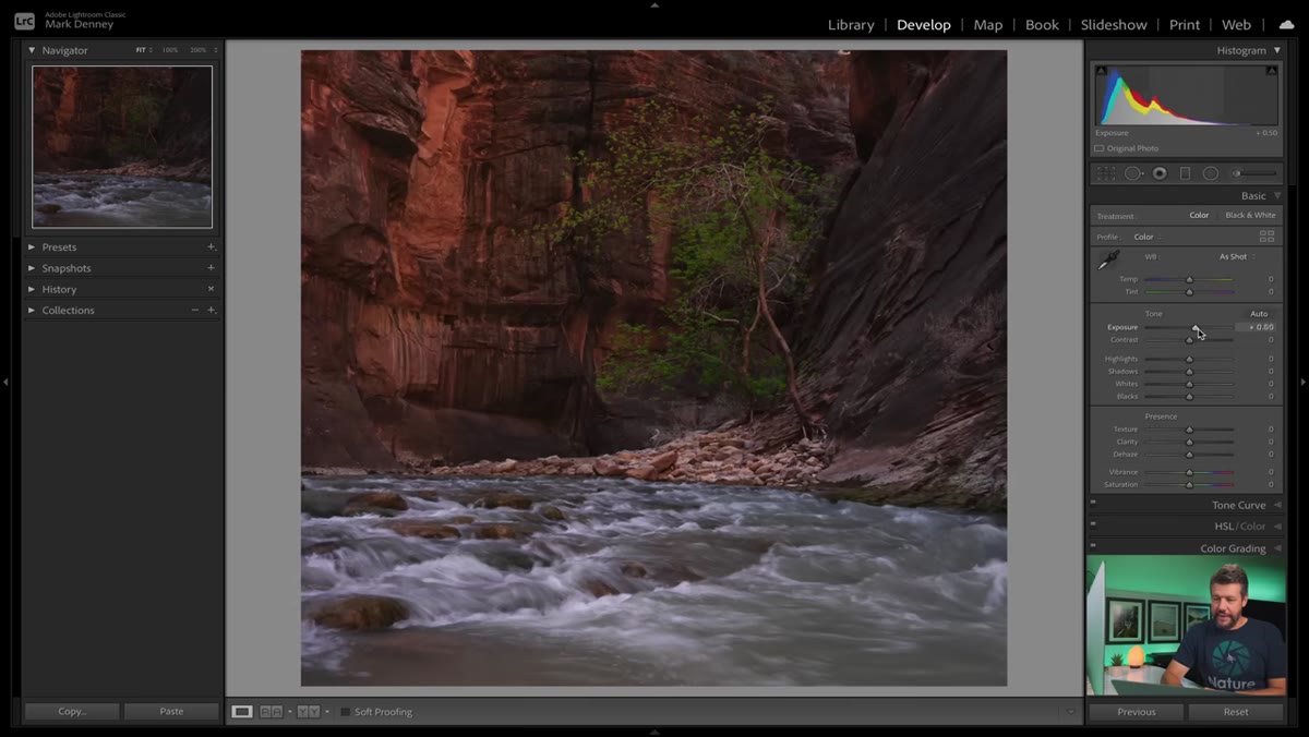 Exposure slider being adjusted with histogram visible in Lightroom