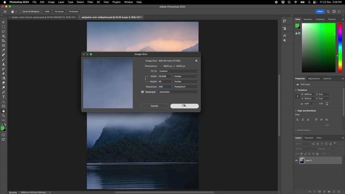 Photoshop file after upscaling showing increased file size