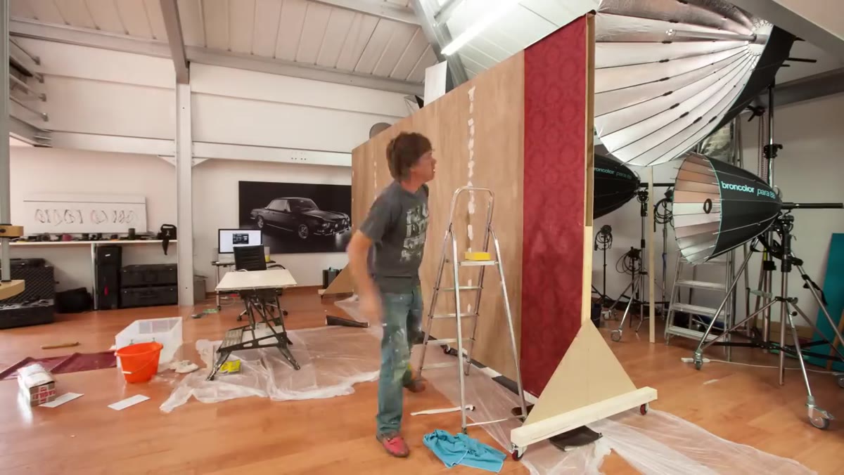 Mobile wall being constructed as a custom studio backdrop
