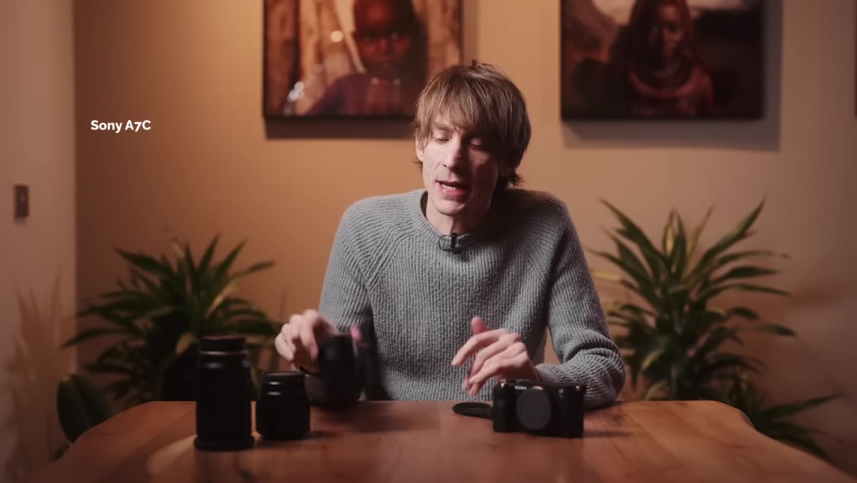 Tucker laying out his three-lens travel kit for the a7C
