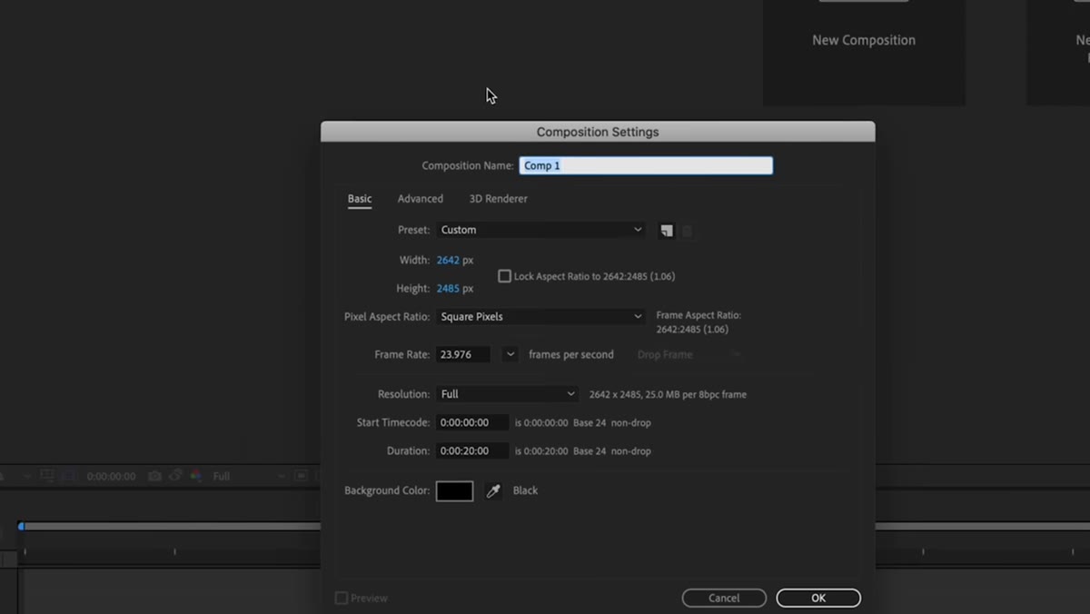 New Composition dialog box open in After Effects