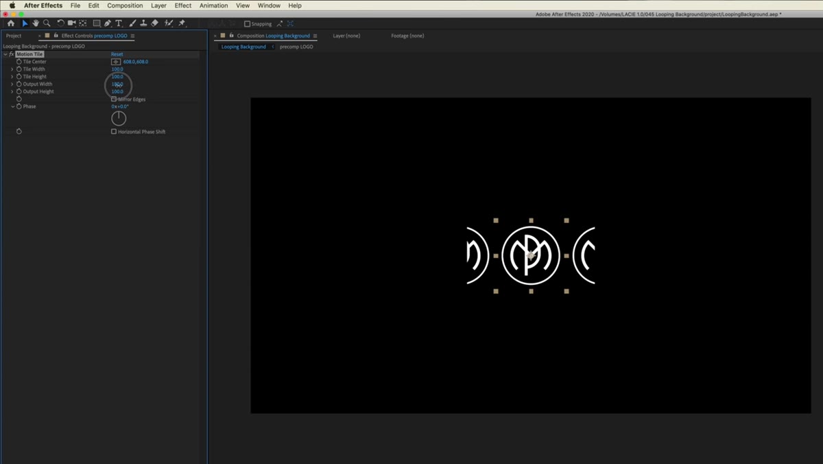 Output Width value being dragged to expand tiled logo pattern across frame