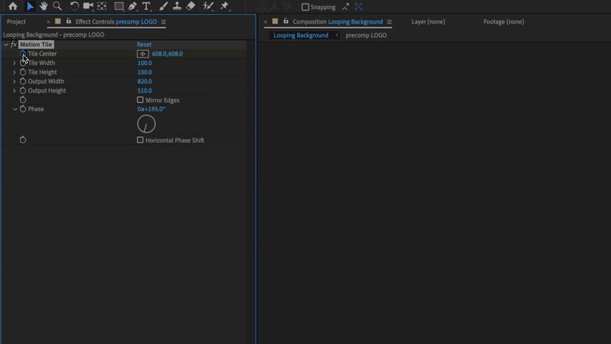 Stopwatch icon being clicked to set first keyframe on Tile Center property