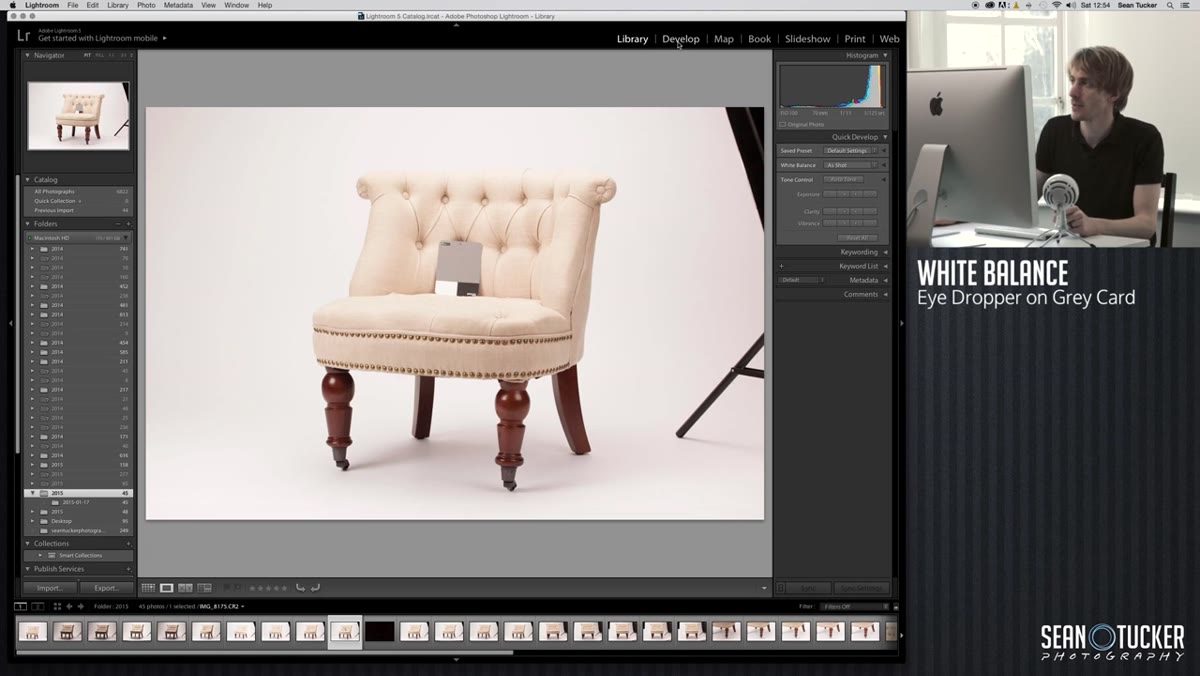 Develop module with eyedropper tool hovering over gray card