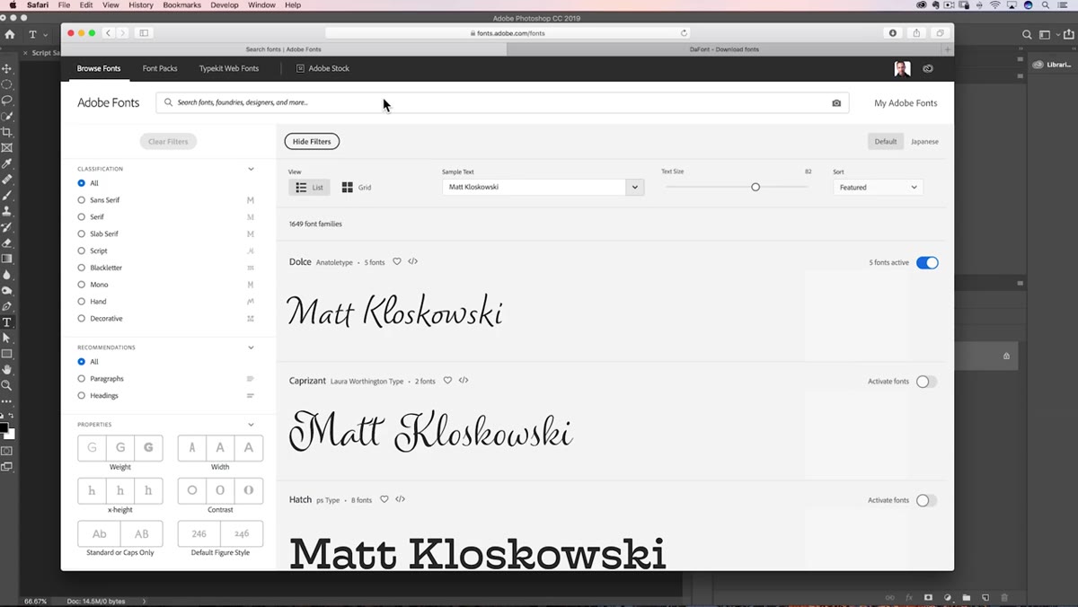 Adobe Fonts website showing script font browsing interface