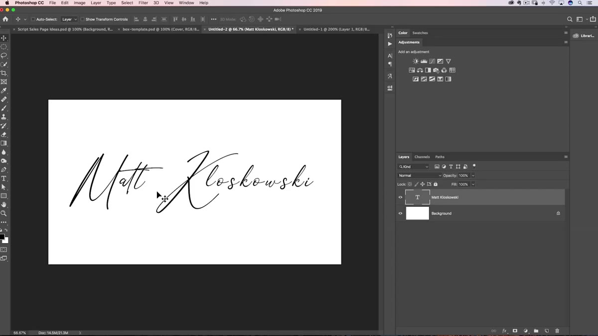 Character panel open with individual letter spacing adjustments