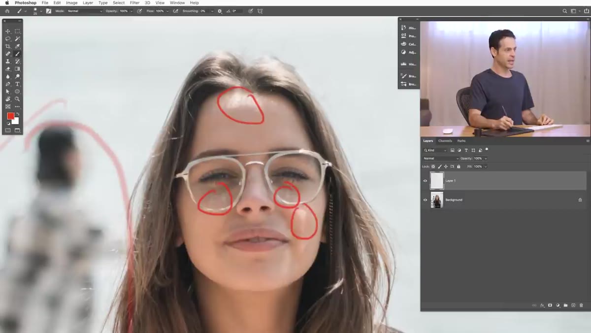 Subject&rsquo;s sunglasses visible with reflection being addressed