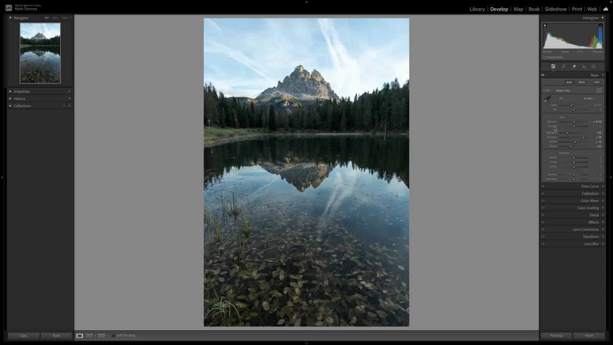 Before and after comparison showing balanced exposure on Dolomites image