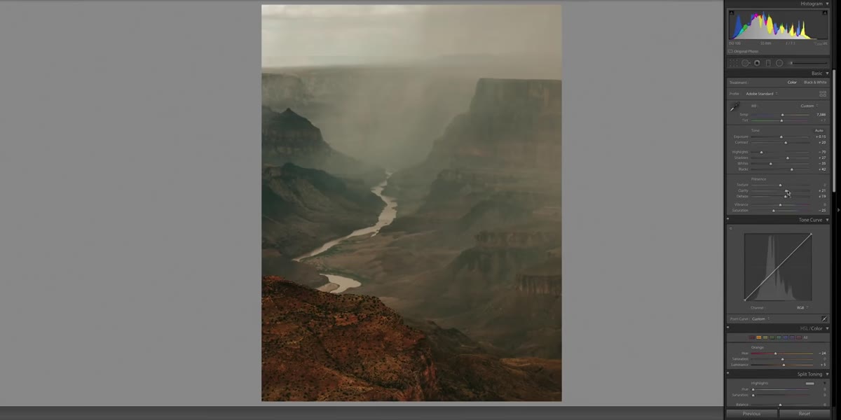 Dehaze slider being applied to the Grand Canyon background