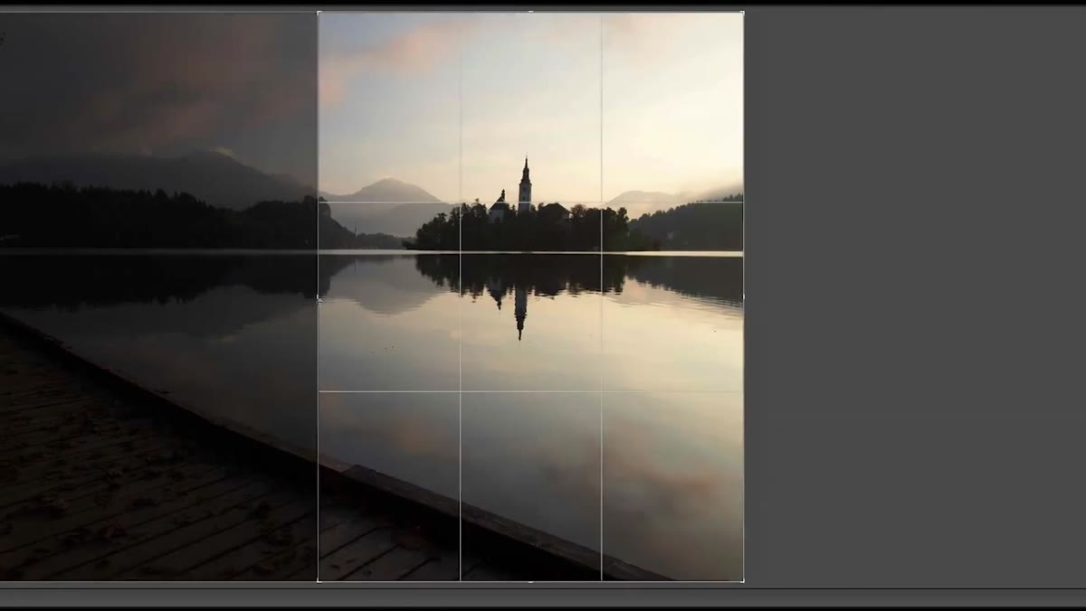 Crop tool active, removing left-side boardwalk from Lake Bled shot