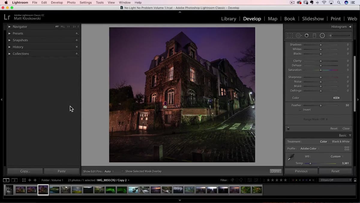 Before and after of a dark moody night photo with windows