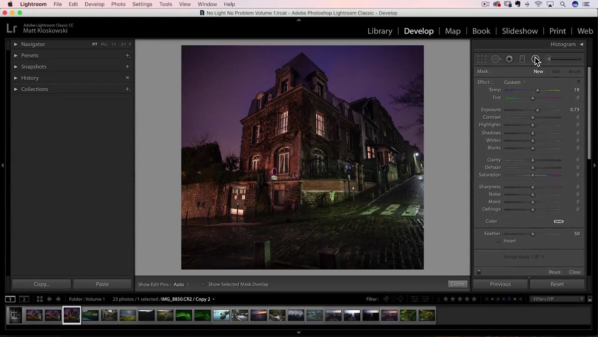 Lightroom toolbar with radial filter tool selected at the top