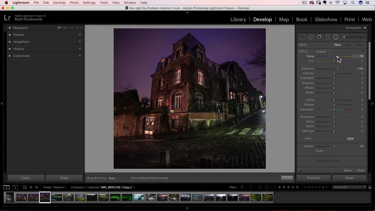 Lightroom radial filter panel showing exposure and temperature sliders adjusted