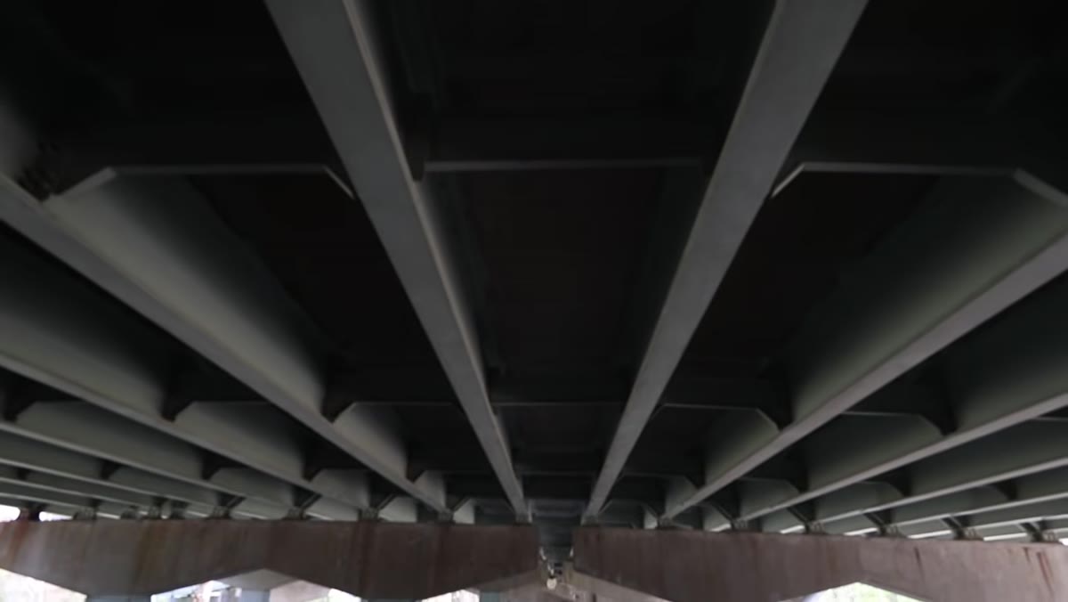 Skate park pillars creating natural frame around subject
