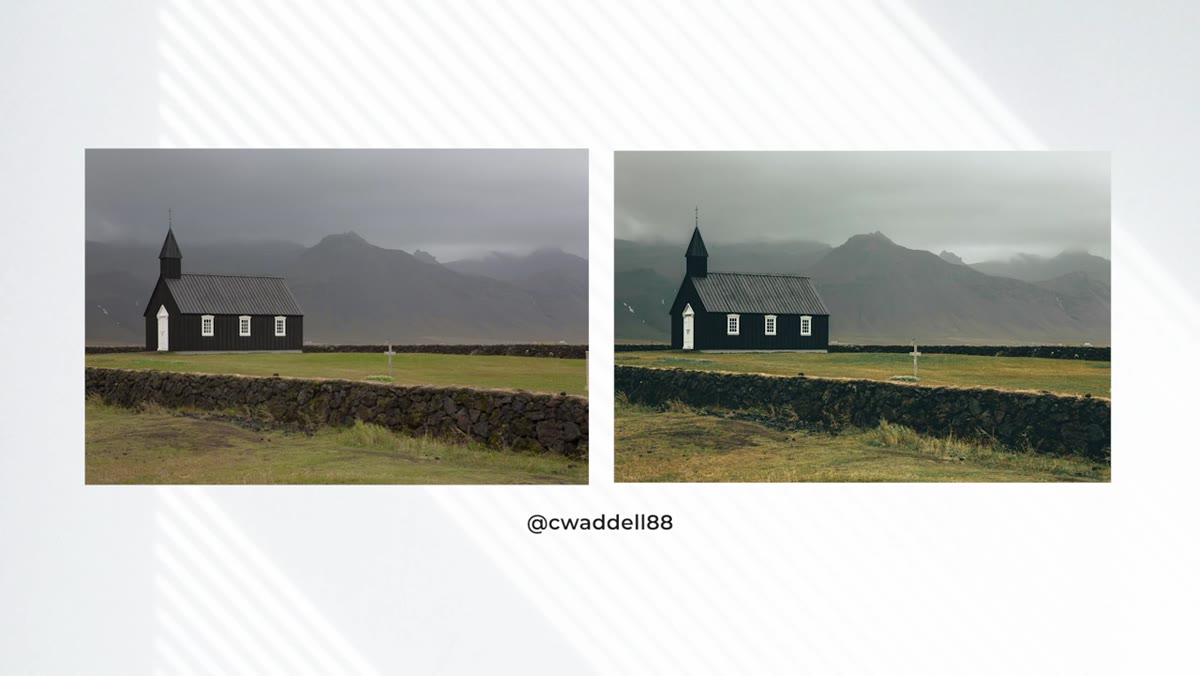 Before and after comparison of the church edit side by side