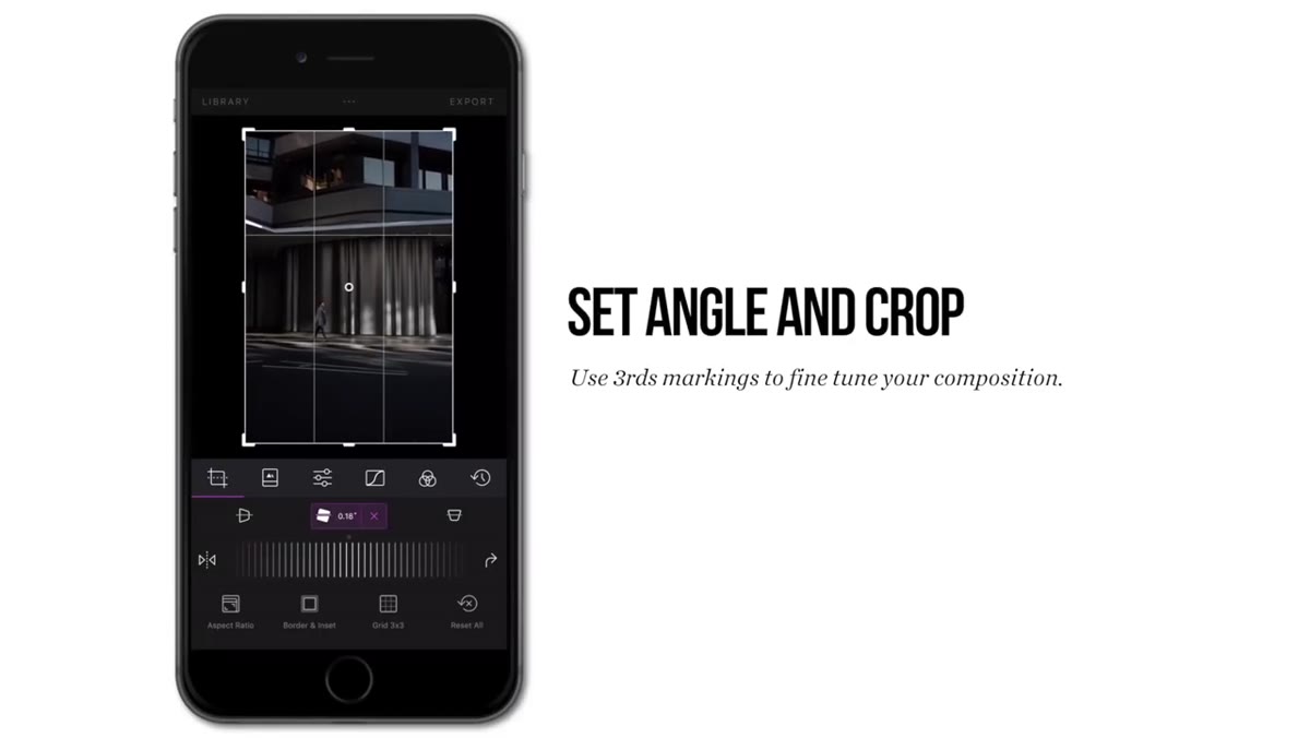 Tucker adjusting crop and angle in the Darkroom app on his phone