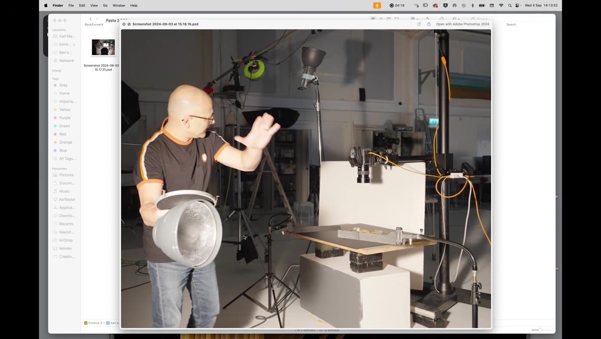 Behind-the-scenes showing camera overhead and key light position
