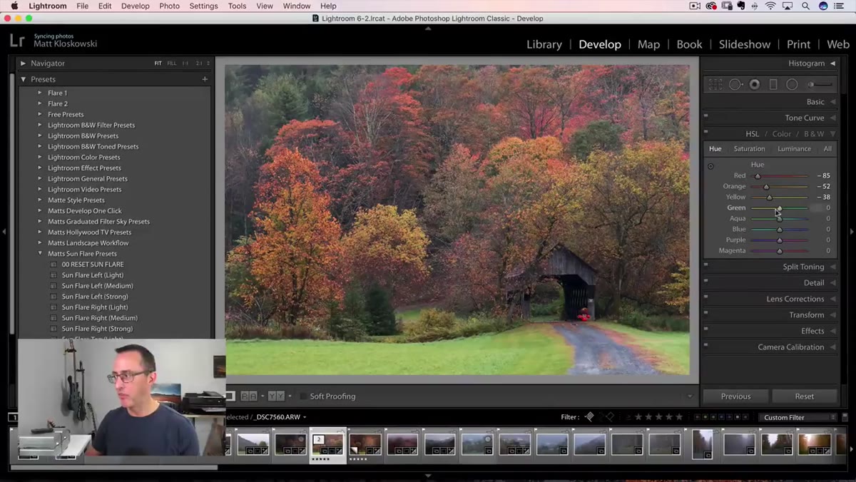 Green Hue slider being adjusted, then pulled back toward zero